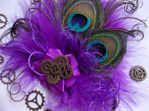Light Purple Ultraviolet Peacock Feather & Brass Cogs Steampunk Style Mini Hair Clip Headpiece - Wedding Hatclip Burlesque - Made to Order