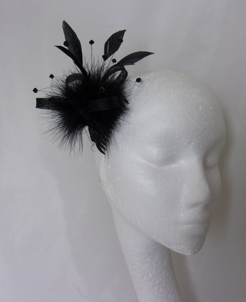 Black Ophelia Sinamay Loop Feather & Crystal Fascinator Hair Comb