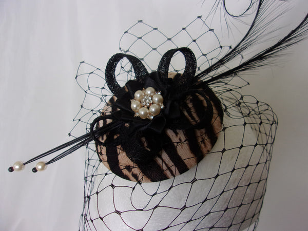 Tiger Stripe Fascinator - Safari Animal Print and Black Feather and Pearl Wedding Ascot Mini Hat - Ready Made