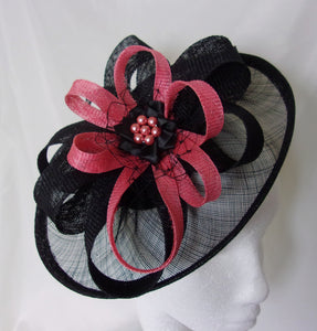 Black and Coral Hat - Sinamay Loops & Pearls Saucer Fascinator Formal Wedding Derby Ascot - Made to Order