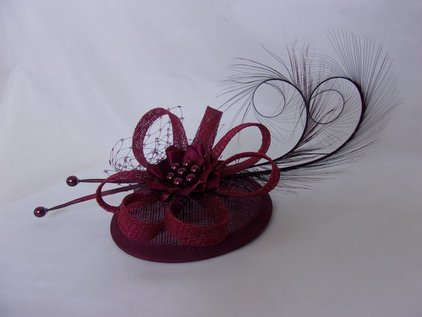 Shades of Burgundy Marsala Fascinator Pheasant Curl Feather Sinamay & Pearl Wedding Fascinator Headpiece Mini Hat with Comb - Ready Made