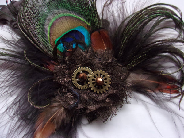 Steampunk Feather Brooch - Peacock Feather Buttonhole Corsage with Brass Cogs - Many Colours - Plain or Tartan - Wedding Bride Cosplay