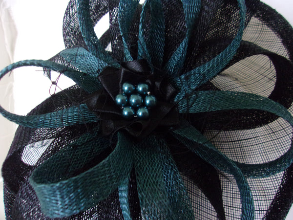 Black and Dark Teal Hat - Sinamay Loops & Pearls Saucer Fascinator Formal Wedding Derby Ascot - Made to Orde