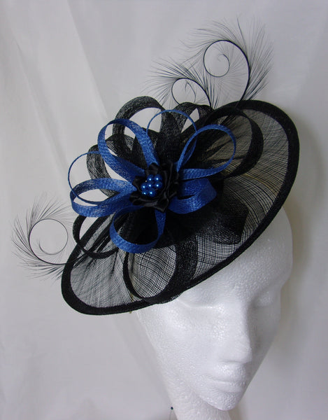 Black & Royal Blue Fascinator Sinamay Saucer Curl Feather and Sapphire Pearl Headpiece Hat Ascot Derby - Custom Made to Order