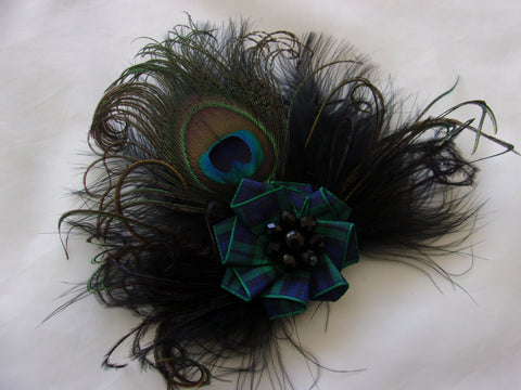 black peacock feather Black Watch tartan brooch corsage burns night