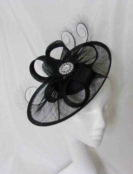 Black Rhinestone Hat Sinamay and Pheasant Curl Feather Saucer Fascinator with Crystal Diamante Brooch- Wedding Derby Gothic - Made to Order