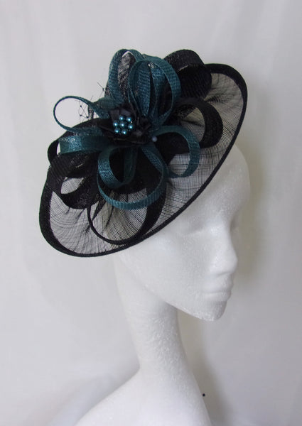 Black and Dark Teal Hat - Sinamay Loops & Pearls Saucer Fascinator Formal Wedding Derby Ascot - Made to Orde