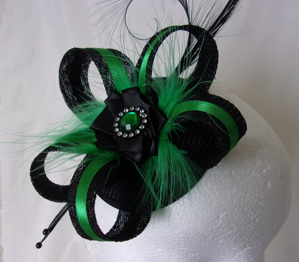 Bright Emerald Green and Black Veiled Fascinator with Pheasant Curl Feathers Sinamay & Pearls Wedding Mini Hat Ascot Derby - Made to Order