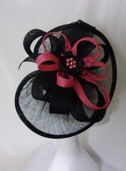 Black and Coral Hat - Sinamay Loops & Pearls Saucer Fascinator Formal Wedding Derby Ascot - Made to Order