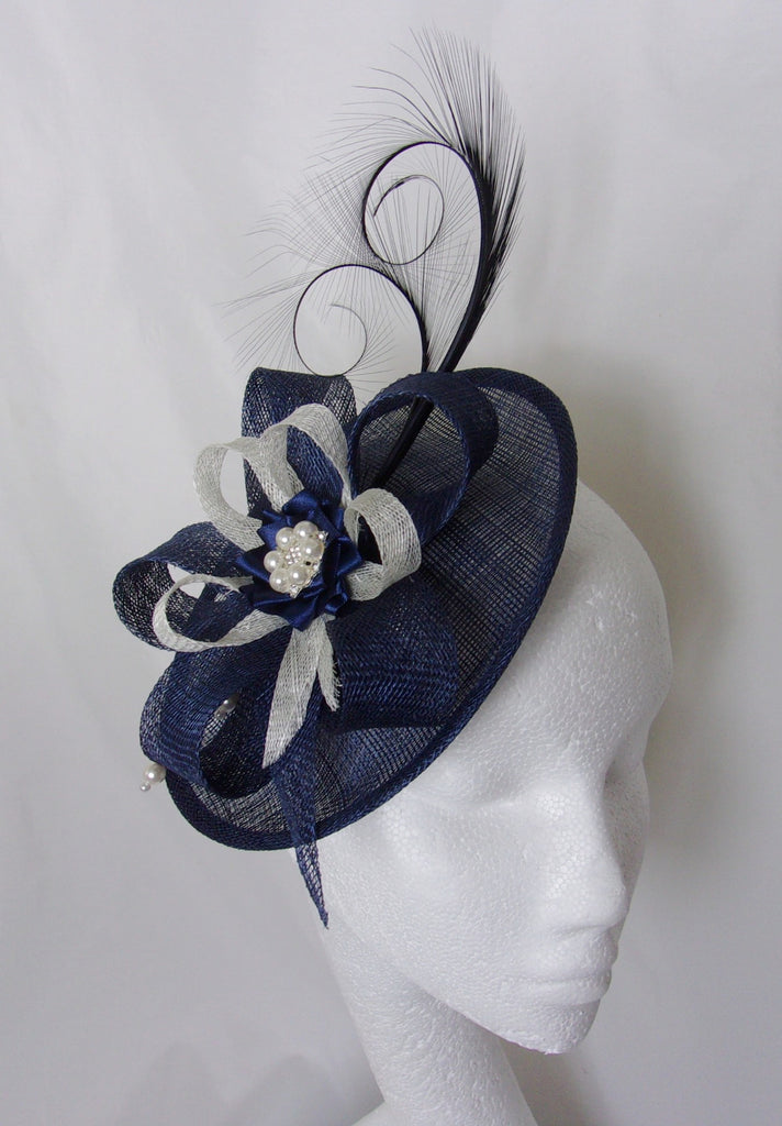Navy Ivory Fascinator Upback Saucer Sinamay Loops Curl Feathers