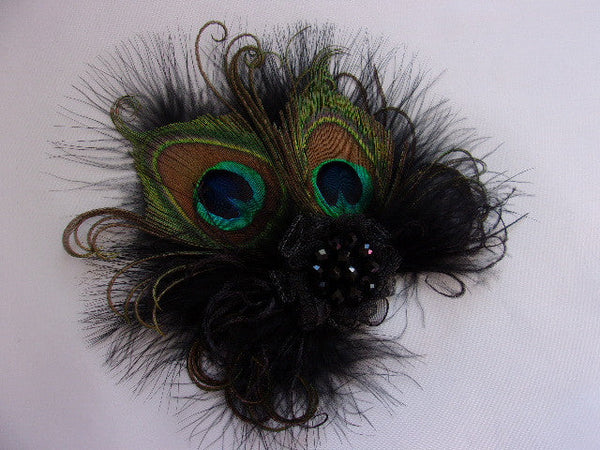 Black Small Peacock Feather Organza & Crystal Vintage Style Gothic Mini Fascinator Hair Clip