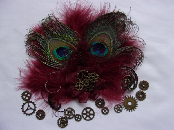 Dark Burgundy Marsala Wine Peacock Feather Steampunk Victoriana Mini Hair Clip Fascinator with Brass Watch Cogs - Made to Order