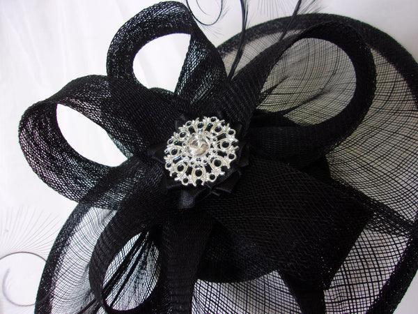 Black Rhinestone Hat Sinamay and Pheasant Curl Feather Saucer Fascinator with Crystal Diamante Brooch- Wedding Derby Gothic - Made to Order