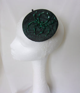 Emerald Bottle Green Crystal Spider Cobweb Cocktail Hat Fascinator Mini Headpiece - Gothic Halloween Wedding- Ready Made 