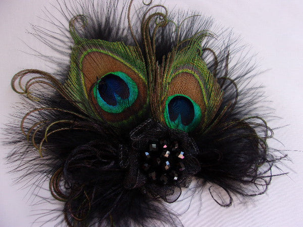 Black Small Peacock Feather Organza & Crystal Vintage Style Gothic Mini Fascinator Hair Clip