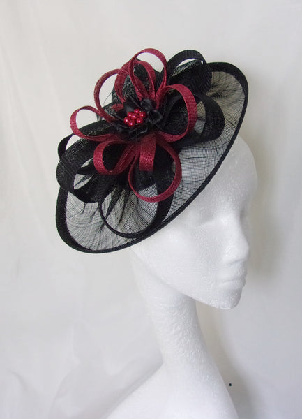 Black and Burgundy Hat - Sinamay Loops & Pearls Saucer Fascinator Formal Wedding Derby Ascot - Made to Order