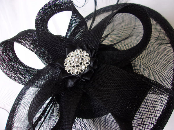 Black Rhinestone Hat Sinamay and Pheasant Curl Feather Saucer Fascinator with Crystal Diamante Brooch- Wedding Derby Gothic - Made to Order