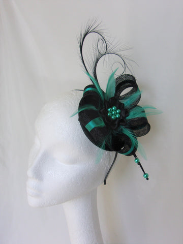 Black & Jade Green Feather Cocktail Fascinator Hat 