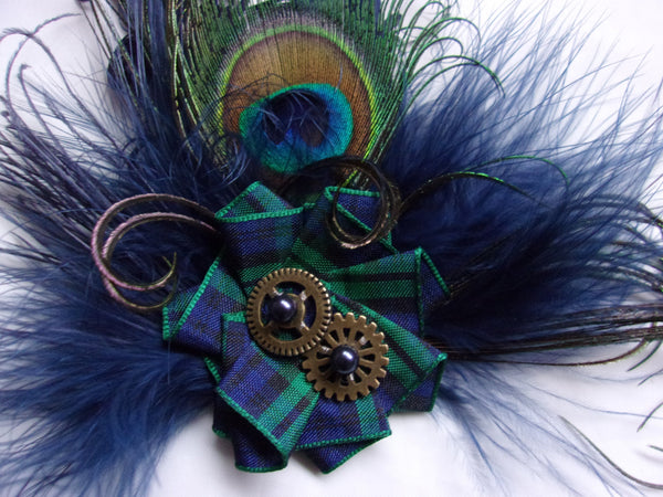 Steampunk Feather Brooch - Peacock Feather Buttonhole Corsage with Brass Cogs - Many Colours - Plain or Tartan - Wedding Bride Cosplay