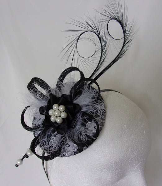 Black & White Fascinator Lace Covered Monochrome Vintage Style Headpiece Mini Hat Curl Feathers and Pearls Wedding Ascot - Made To Order