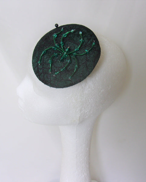 Emerald Bottle Green Crystal Spider Cobweb Cocktail Hat Fascinator Mini Headpiece - Gothic Halloween Wedding- Ready Made 
