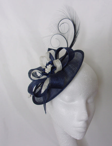 Light Navy and Ivory Fascinator Upback Saucer with Sinamay Loops Curl Feathers & Pearl Detail Hat- Made to Order - Royal Ascot -Derby