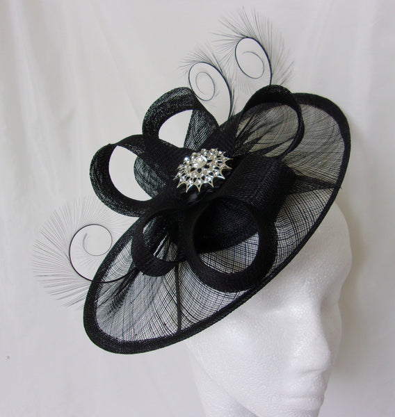 Black Rhinestone Hat Sinamay and Pheasant Curl Feather Saucer Fascinator with Crystal Diamante Brooch- Wedding Derby Gothic - Made to Order