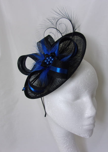 Cobalt Blue and Black Saucer Fascinator Wedding Hat with Curl Feathers and Satin - Royal Blue Headpiece Wedding - Made to order