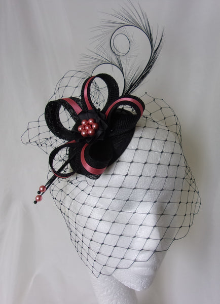 Coral Flamingo Pink and Black Veiled Fascinator with Pheasant Curl Feathers Sinamay & Pearls Wedding Mini Hat Ascot Derby - Made to Order