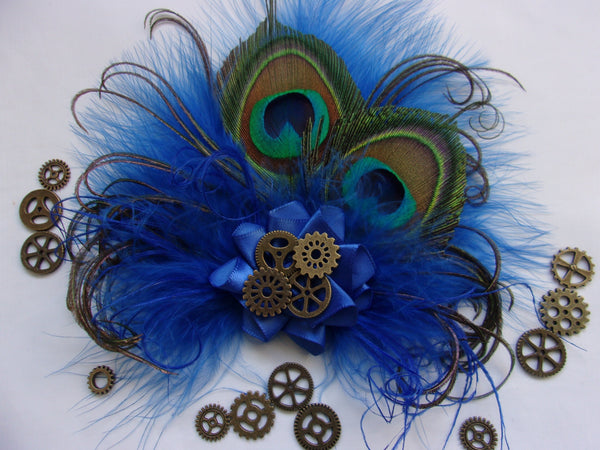 Royal Blue Steampunk Fascinator - Cobalt Sapphire Peacock Feather with Brass Cogs Mini Headpiece Hair Hat Clip - Made to Order
