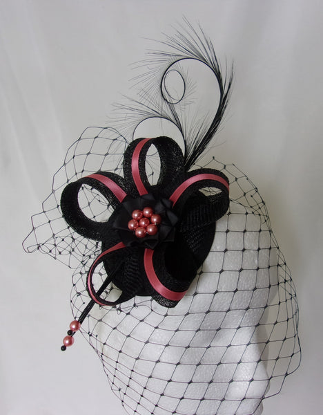 Coral Flamingo Pink and Black Veiled Fascinator with Pheasant Curl Feathers Sinamay & Pearls Wedding Mini Hat Ascot Derby - Made to Order