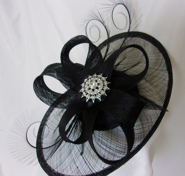 Black Rhinestone Hat Sinamay and Pheasant Curl Feather Saucer Fascinator with Crystal Diamante Brooch- Wedding Derby Gothic - Made to Order cobweb