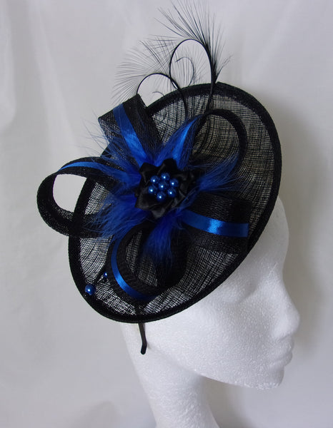 Cobalt Blue and Black Saucer Fascinator Wedding Hat with Curl Feathers and Satin - Royal Blue Headpiece Wedding - Made to order