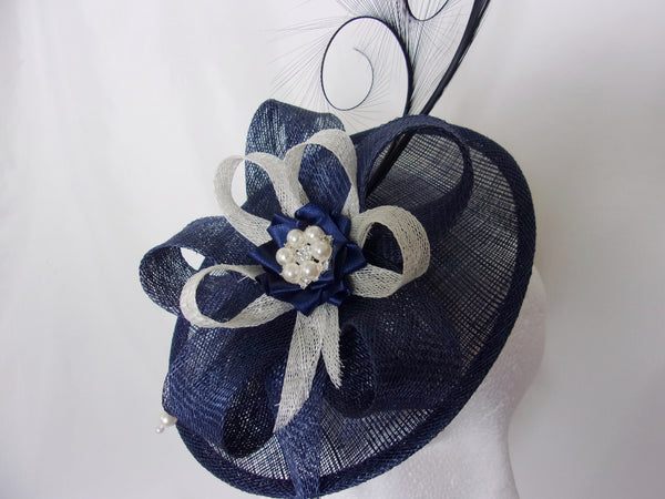 Light Navy and Ivory Fascinator Upback Saucer with Sinamay Loops Curl Feathers & Pearl Detail Hat- Made to Order - Royal Ascot -Derby