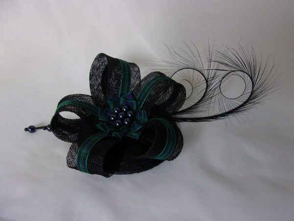 Black Watch Tartan Fascinator - Black Pheasant Curl Feather with Ribbon Stripe Scottish Highlands Wedding Burns Night Mini Hat Made to Order