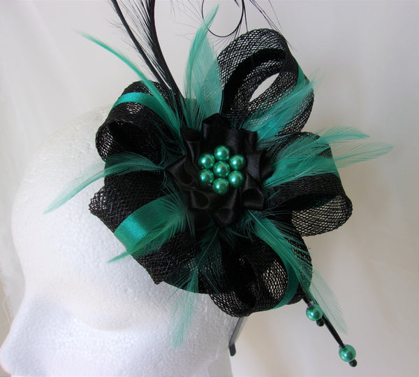 Black & Jade Green Feather Cocktail Fascinator Hat 