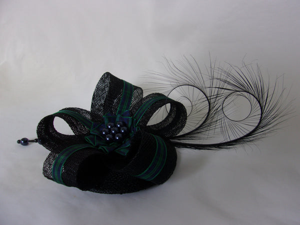 Tartan Fascinator - Black Pheasant Curl Feather Ribbon Stripe Sinamay & Pearl Scottish Highlands Wedding Burns Night Mini Hat Made to Order blackwatch