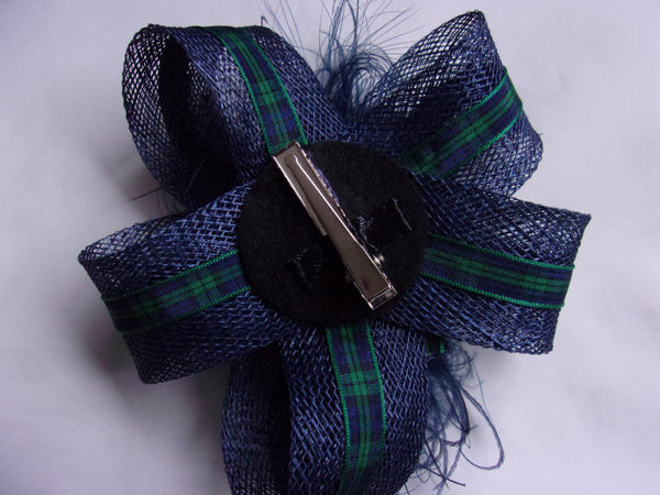 Navy Blue and Bottle Green Black Watch Tartan Rustic Pheasant Feather Fascinator Headpiece Clip Scottish Wedding Burns Night - Ready Made