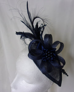 Elegant Navy Blue Shades Curl Feather Plume Sinamay Loop & Pearl Teardrop Percher Fascinator Mini Hat Wedding Ladies Day - Made to Order