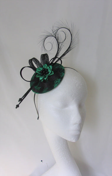 Emerald Green and Black Lace Isadora Fascinator Mini Hat