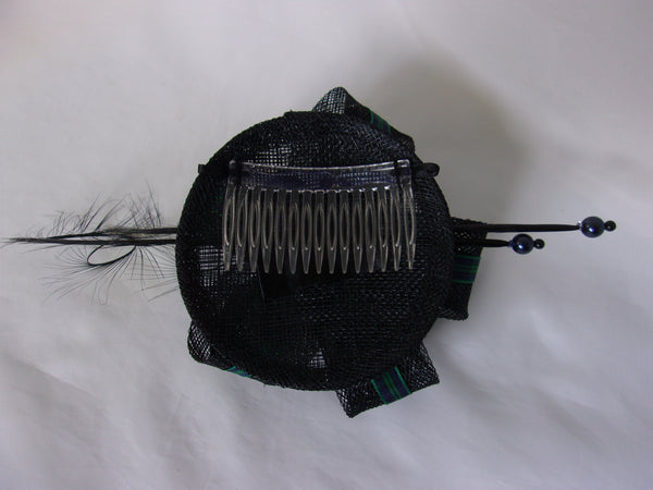 Black Watch Tartan Fascinator - Black Pheasant Curl Feather with Ribbon Stripe Scottish Highlands Wedding Burns Night Mini Hat Made to Order