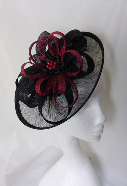 Black and Burgundy Hat - Sinamay Loops & Pearls Saucer Fascinator Formal Wedding Derby Ascot - Made to Order