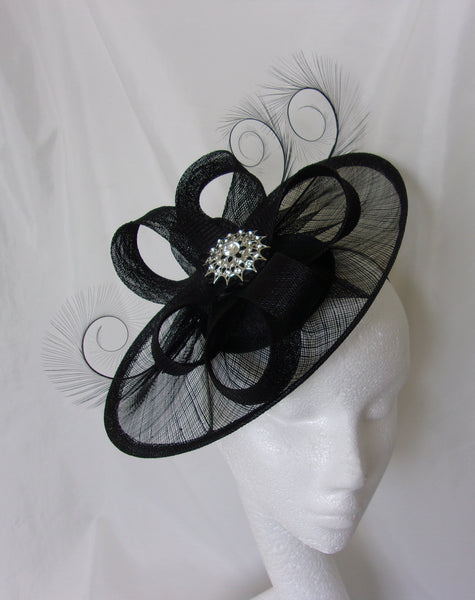 Black Rhinestone Hat Sinamay and Pheasant Curl Feather Saucer Fascinator with Crystal Diamante Brooch- Wedding Derby Gothic - Made to Order