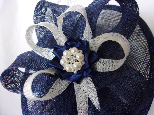 Light Navy and Ivory Fascinator Upback Saucer with Sinamay Loops Curl Feathers & Pearl Detail Hat- Made to Order - Royal Ascot -Derby close up