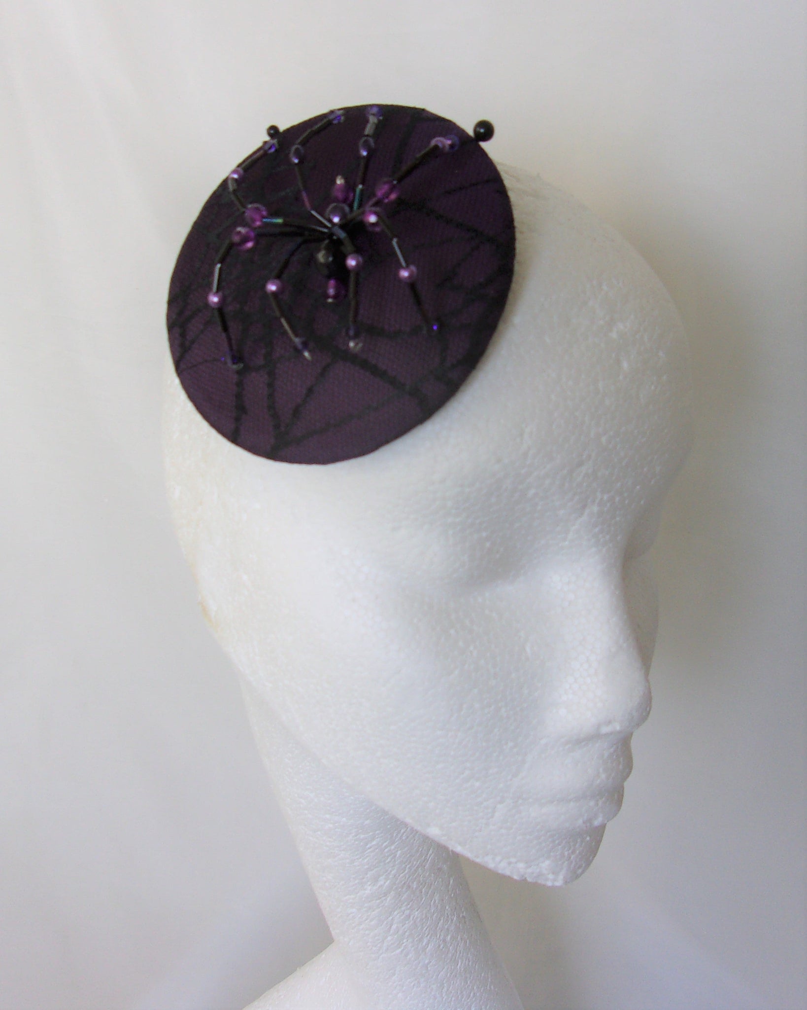Aubergine & Black Crystal Spider Cobweb Cocktail Hat Fascinator Mini Headpiece Eggplant Purple - Gothic Halloween Wedding- Ready Made