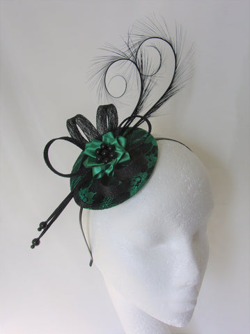 Emerald Green and Black Lace Isadora Fascinator Mini Hat