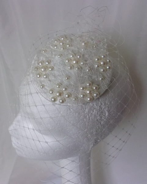 Ivory Pearl Fascinator Vintage Retro Style Bridal Brides Lace and Satin Percher Disc with Pearls & Merry Widow Blusher Veil - Ready Made