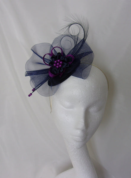 Navy Blue and Purple Fascinator - Curl Feather Crinoline Amethyst Puce Bow Pearl Wedding Fascinator Mini Hat Ascot Derby - Made to Order