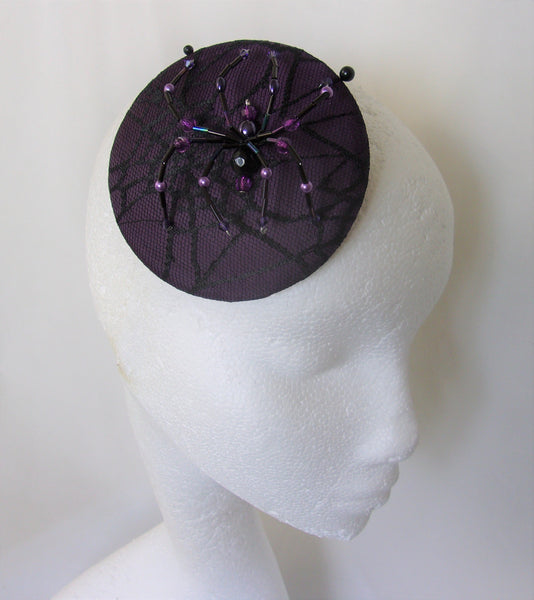 Aubergine & Black Crystal Spider Cobweb Cocktail Hat Fascinator Mini Headpiece Eggplant Purple - Gothic Halloween Wedding- Ready Made