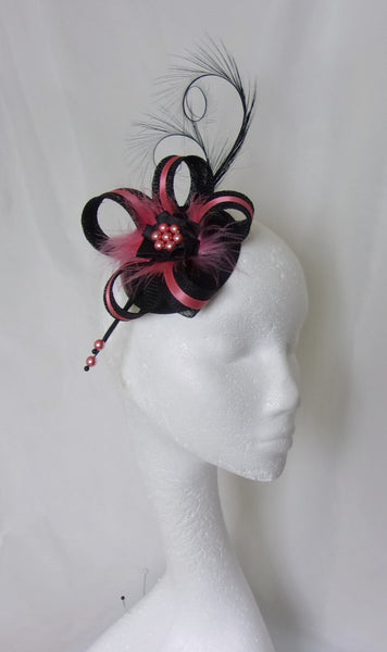Coral Flamingo Pink and Black Fascinator with Pheasant Curl Feathers Sinamay & Pearls Wedding Mini Hat Ascot Derby - Made to Order